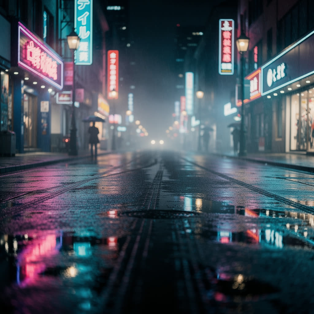 Flux rendering of: A neon-lit street at night, slow forward dolly, rain-slick reflections, cinematic