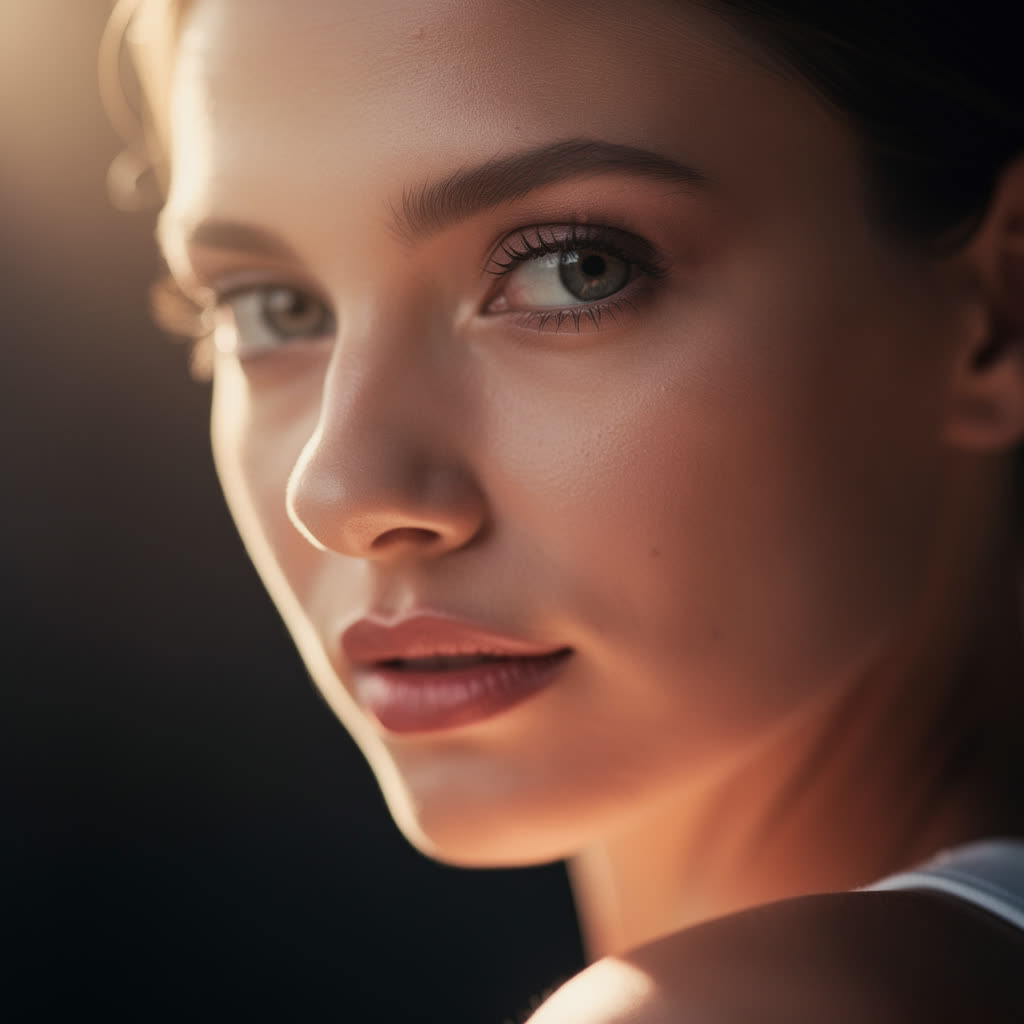 Flux rendering of: Close-up portrait turning toward camera, soft key light, shallow depth of field