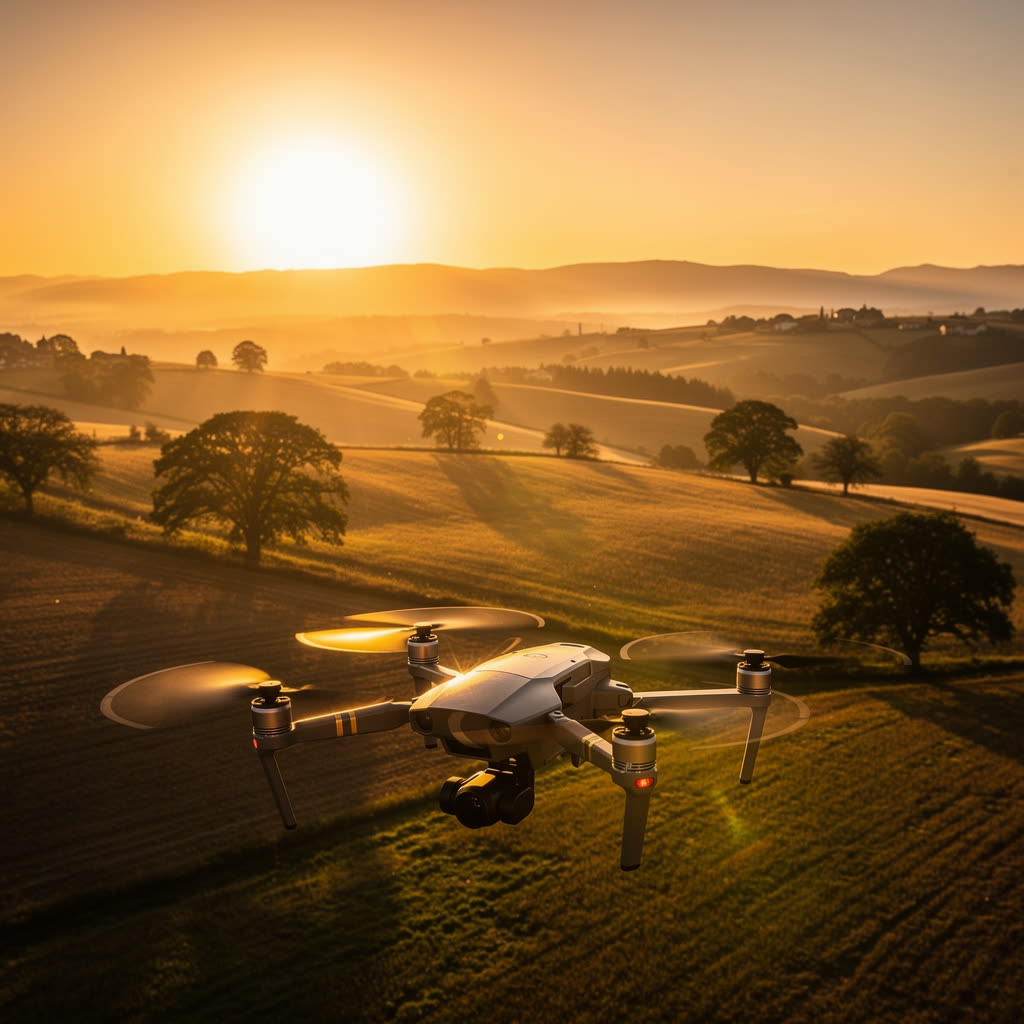Flux rendering of: Aerial drone gliding over a landscape at golden hour, long shadows