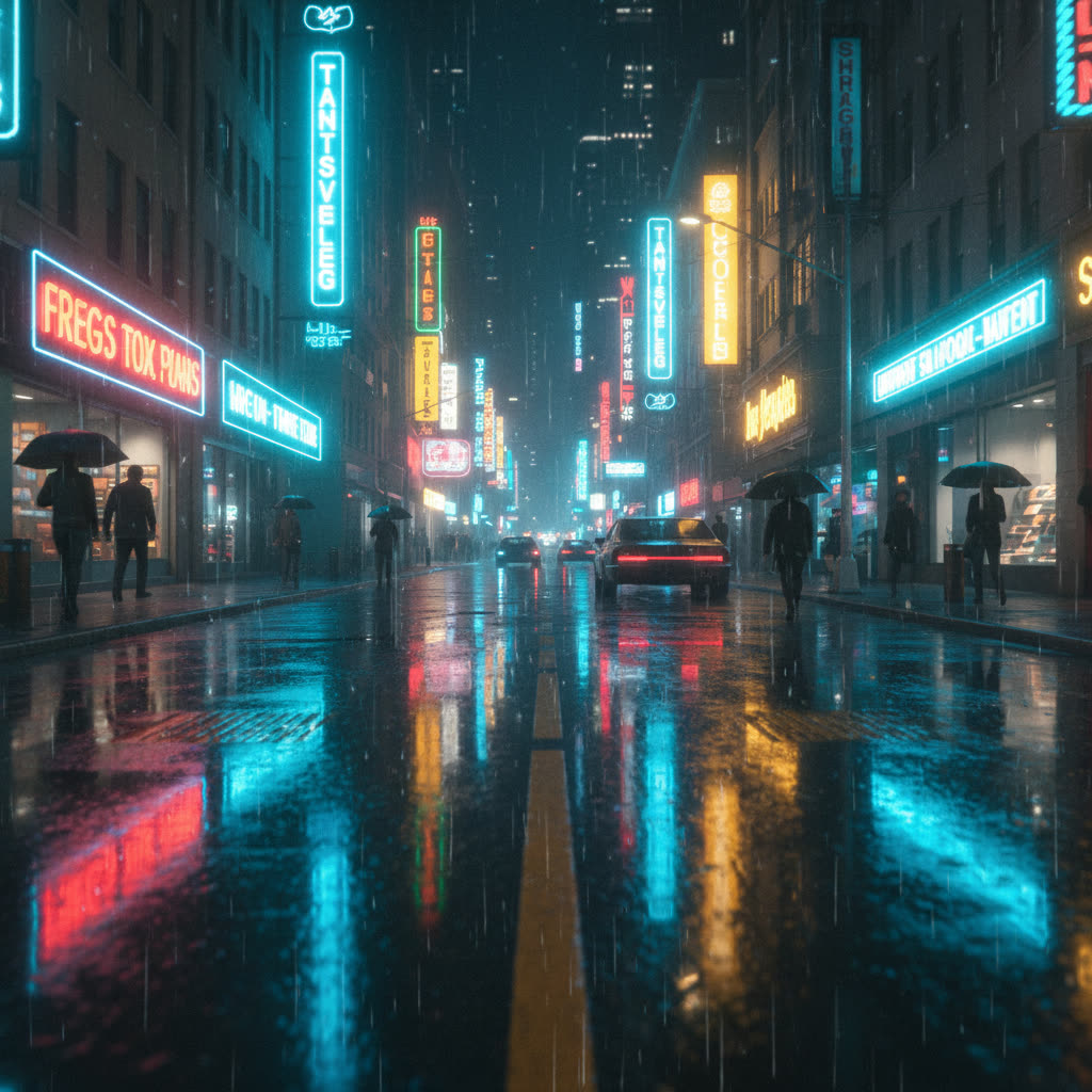 Nano Banana rendering of: A neon-lit street at night, slow forward dolly, rain-slick reflections, cinematic