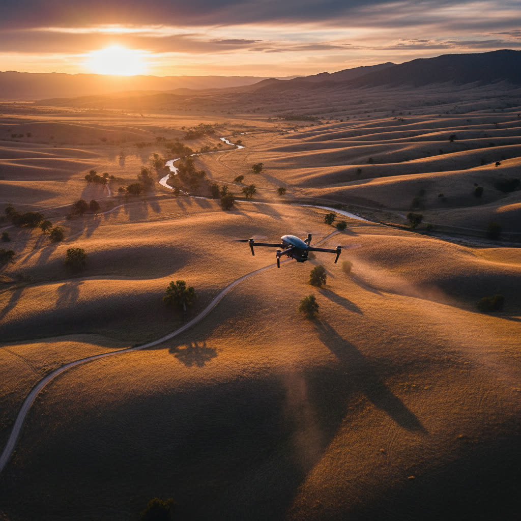 Nano Banana rendering of: Aerial drone gliding over a landscape at golden hour, long shadows